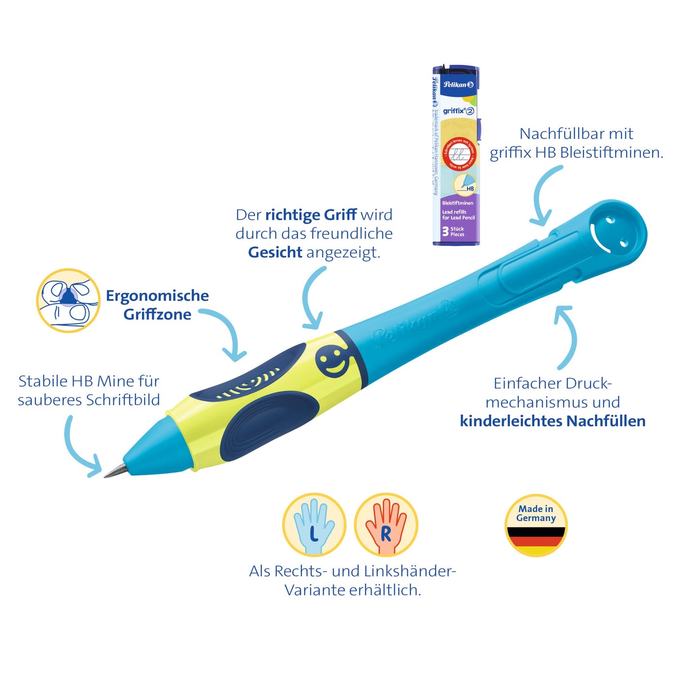 Bleistift griffix® B2NB Neon Fresh Blue mit Laser-Gravur